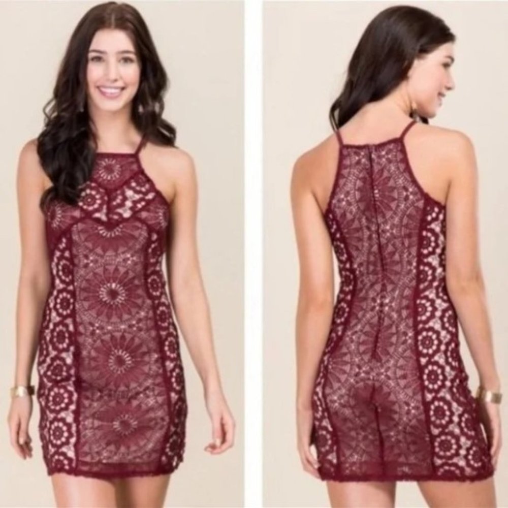 Francesca’s Lace Wine Maroon Color Crochet Halter Dress Size Large